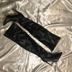 Black Faux Leather Thigh High Boot Heels | Miss Lola